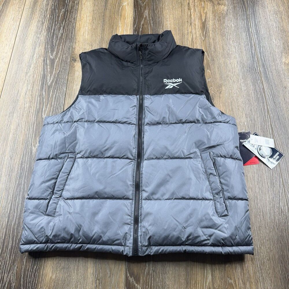 Vintage Reebok Puffer Vest Mens L Fog Gray Black Insulated Jacket NWT OMRB1566